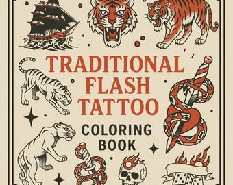 155 Tattoo Coloring Book – Traditional Flash Art | Printable Tattoo Designs for Adults | Bold Line Art | Instant Download