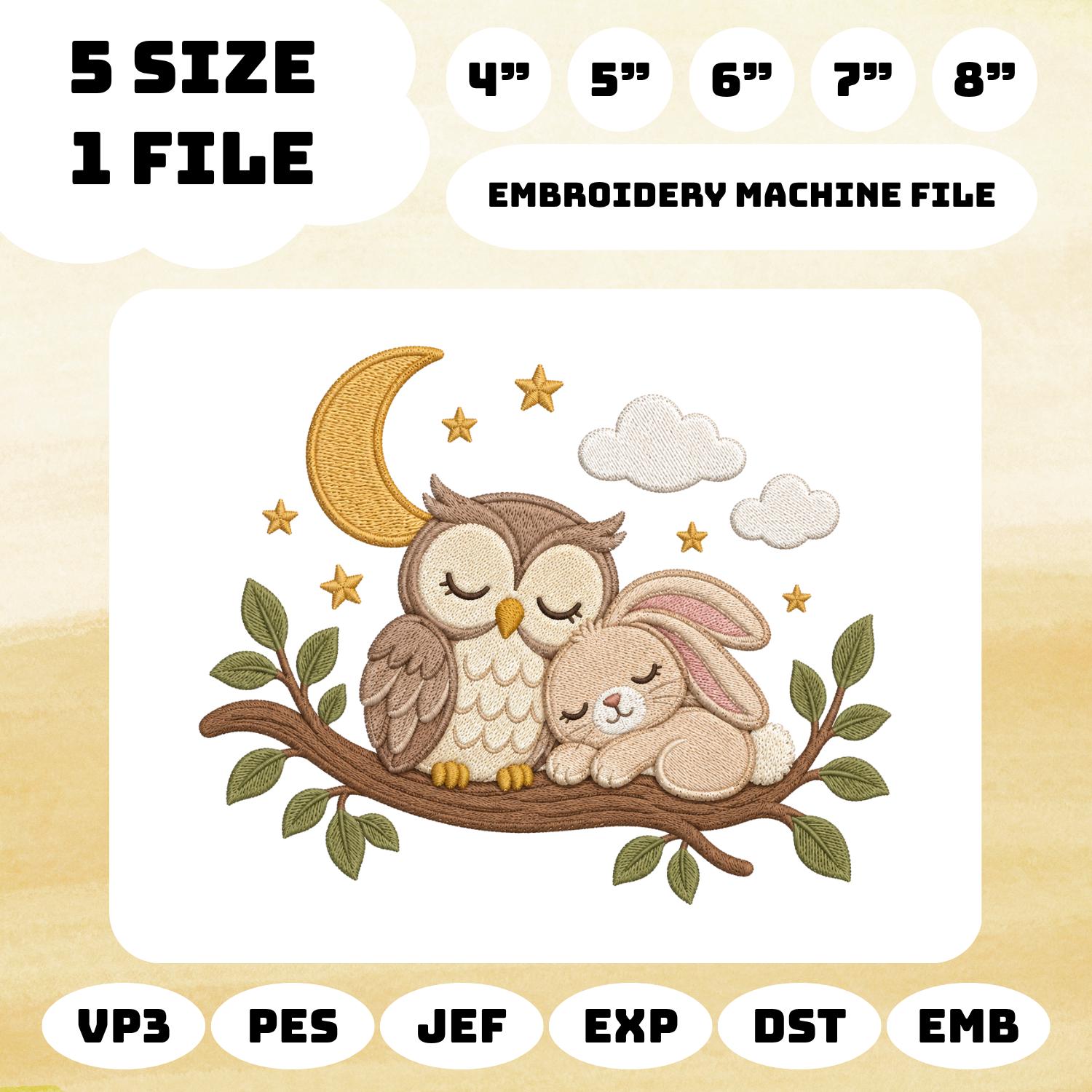 Owl Bunny Embroidery Design, Woodland Nursery Machine Embroidery File, Sleeping Rabbit Moon Stars PE