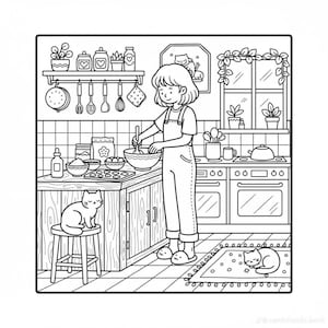 Puede incluir: Ilustraci&oacute;n en blanco y negro de una persona horneando en una cocina. La persona lleva un mono y mezcla ingredientes en un bol. Un gato est&aacute; sentado en un taburete y otro gato est&aacute; acurrucado en una alfombra. Utensilios de cocina y plantas visibles.