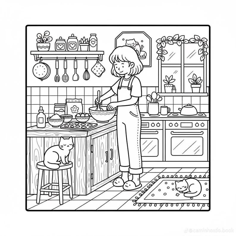 Puede incluir: Ilustraci&oacute;n en blanco y negro de una persona horneando en una cocina. La persona lleva un mono y mezcla ingredientes en un bol. Un gato est&aacute; sentado en un taburete y otro gato est&aacute; acurrucado en una alfombra. Utensilios de cocina y plantas visibles.