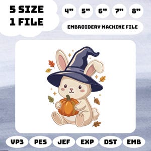 May include: An embroidery machine file featuring a cream-colored bunny wearing a dark blue witch hat and holding an orange pumpkin. The design includes small autumn leaves and sparkles. Text includes 5 SIZE, 1 FILE, and EMBROIDERY MACHINE FILE.