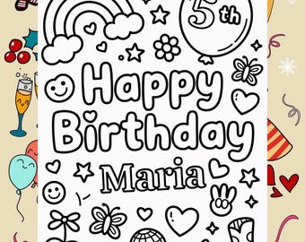 Personalized Happy Birthday Name Coloring Sheet, Whimsical Fun Cute Coloring Sheet, Add Your Own Name, Coquette Smiley Disco (PDF Download)