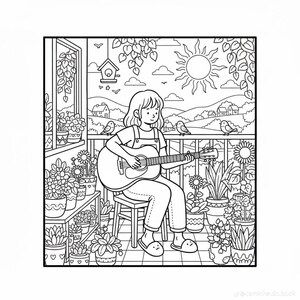 Puede incluir: Ilustraci&oacute;n en blanco y negro de una persona tocando la guitarra en un balc&oacute;n. El balc&oacute;n est&aacute; rodeado de plantas y flores en macetas, con p&aacute;jaros en la barandilla. Un pajarera cuelga cerca, y el sol brilla en el fondo.