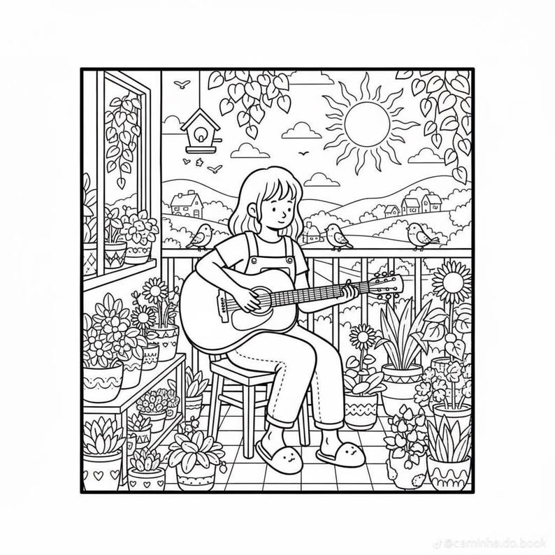 Puede incluir: Ilustraci&oacute;n en blanco y negro de una persona tocando la guitarra en un balc&oacute;n. El balc&oacute;n est&aacute; rodeado de plantas y flores en macetas, con p&aacute;jaros en la barandilla. Un pajarera cuelga cerca, y el sol brilla en el fondo.