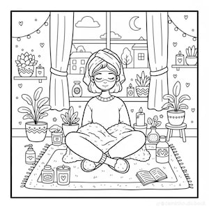 Puede incluir: Ilustraci&oacute;n en blanco y negro de una persona meditando en interiores. La persona est&aacute; sentada en una alfombra, rodeada de plantas, velas y un libro. Una ventana con una luna y casas est&aacute; en el fondo.