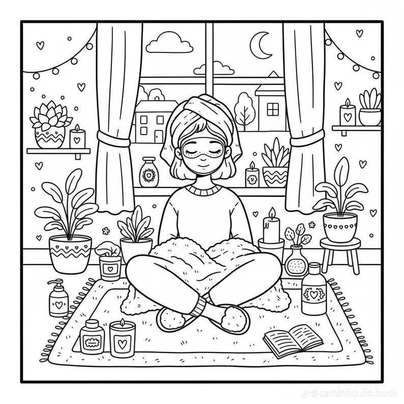 Puede incluir: Ilustraci&oacute;n en blanco y negro de una persona meditando en interiores. La persona est&aacute; sentada en una alfombra, rodeada de plantas, velas y un libro. Una ventana con una luna y casas est&aacute; en el fondo.