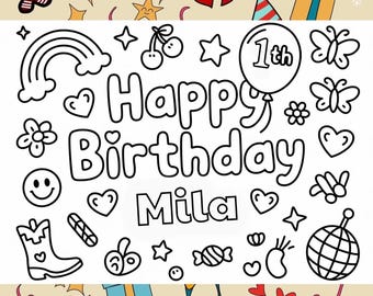 EDITABLE Happy Birthday Name Coloring Sheet, Whimsical Fun Cute Coloring Sheet, Add Your Own Name, Coquette Smiley Disco (PDF Download)