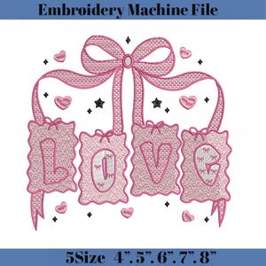 Valentine'S Day Love Machine Embroidery File, Valentine Coquette Pink Bow Embroidered, Instant Download
