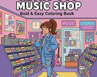 Retro 90 Music Shop Coloring Pages : 120 Bold and Easy Coloring Book for Adults  (Digital Download)