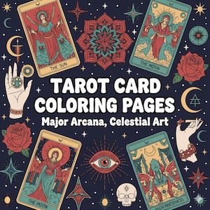 May include: A dark blue illustration featuring tarot cards, celestial elements, and the text "TAROT CARD COLORING PAGES." The cards include "The Sun," "The Moon," and "High Priestess." Other elements include roses, stars, moons, and a skull.