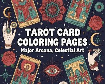 180 páginas para colorear de cartas del Tarot: Arcanos Mayores, Arte Celestial (Descarga digital en PDF)