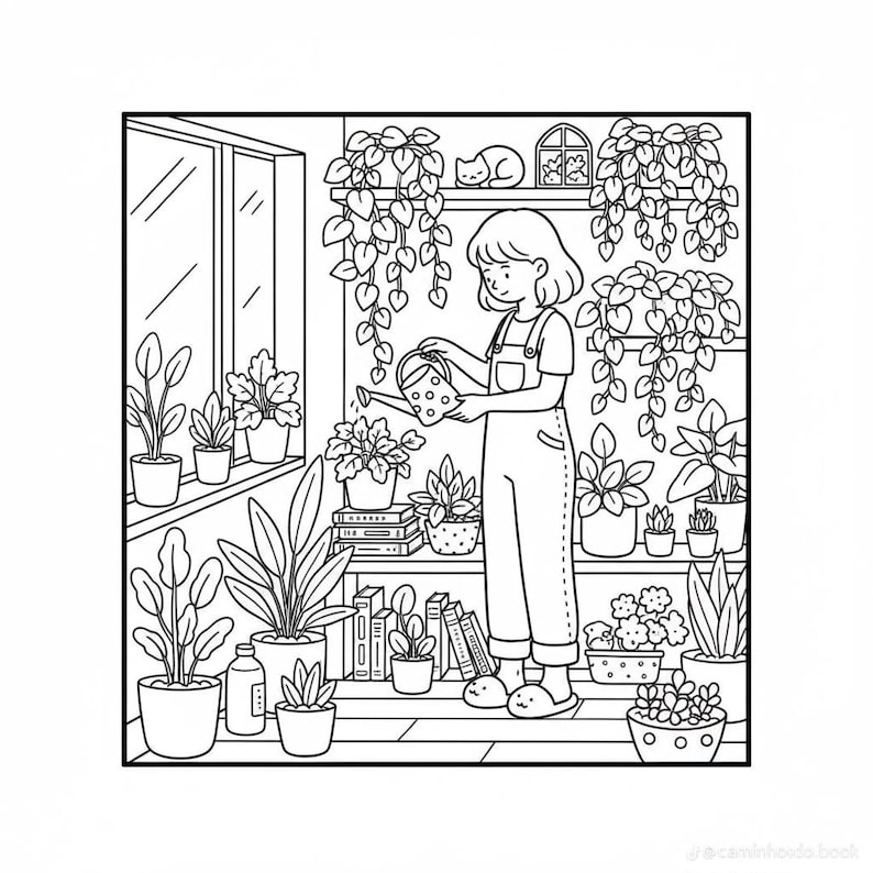 Puede incluir: Ilustraci&oacute;n en blanco y negro de una persona regando plantas en un invernadero. La habitaci&oacute;n est&aacute; llena de plantas en macetas, libros y una figura de gato. La persona lleva un mono y usa una regadera.