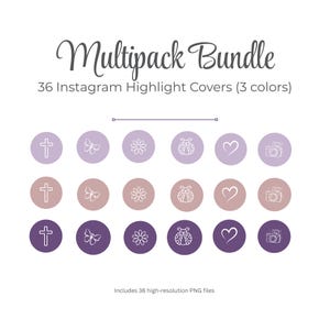 Può includere: Grafica con 36 copertine di storie di Instagram in tre palette di colori: lavanda, malva e viola. Ogni copertina mostra un'icona bianca, tra cui una croce, una farfalla, un fiore, una coccinella, un cuore e una fotocamera. Il testo recita "Multipack Bundle" e "36 Instagram Highlight Covers".