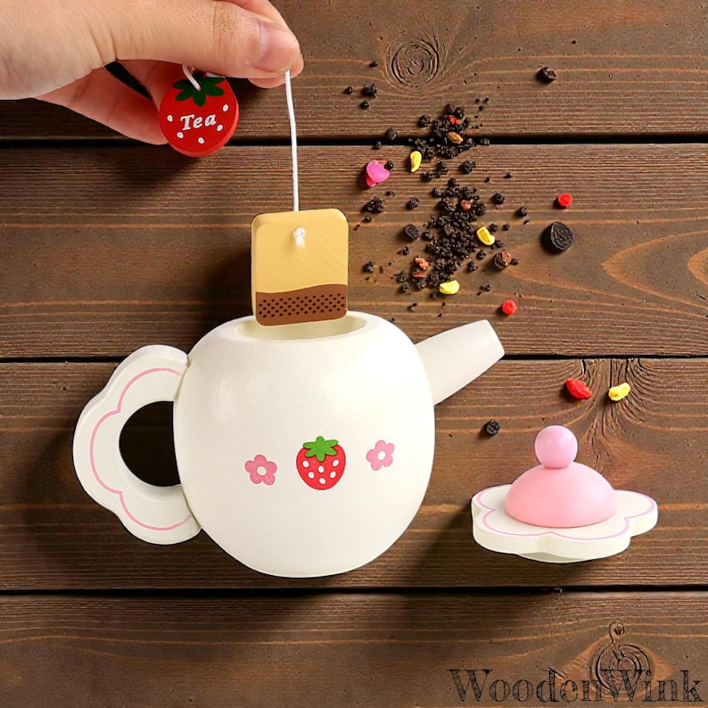 WOOMAX Juego De Té De Madera De 9 Piezas – Tetera, Tazas, Platos Y Bandeja Con Forma De Flor – Juguete De Simulación Para Niños De 2 Años O Más – Ecológico Y Sostenible