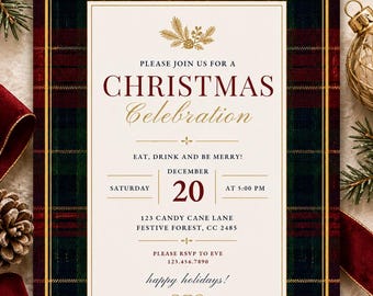 Christmas Party Invitation, Plaid Holiday Party Invite, Tartan Christmas Invitation, Elegant Christmas Celebration, Editable Holiday Invite
