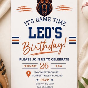 Może przedstawiać: Prostokątne zaproszenie na urodziny z ilustracją ryczącego niedźwiedzia u góry oraz tekstem IT'S GAME TIME LEO'S BIRTHDAY! PLEASE JOIN US TO CELEBRATE FEBRUARY 26 2 PM 226 CONFETTI COURT FUNFETTI FALLS, FL 02260 RSVP Evelyn by 2/10 123.456.7890.