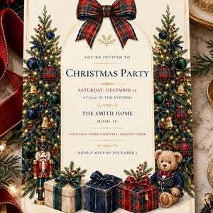 May include: A rectangular Christmas party invitation card featuring a plaid bow at the top, two decorated pine trees on the sides, a nutcracker, a teddy bear, and three gift boxes. The text reads: You're invited to Christmas Party, Saturday, December 13, at 6:30 in the evening, The Smith Home, Miami, FL, Cocktails, Hors d'oeuvres, Holiday Cheer, Kindly RSVP by December 1.