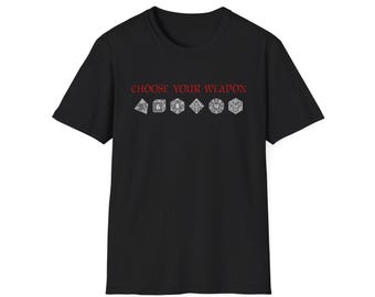 Camiseta de dados DND, camiseta de Elige tu arma, jugador de RPG, juegos de mesa