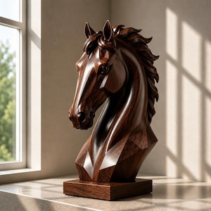 Op de afbeelding: Een sculptuur van een paardenhoofd van gepolijst donkerbruin hout met een glad, gefacetteerd ontwerp en een vloeiende manen. De buste is gemonteerd op een rechthoekige houten voet en toont een rijke houtnerftextuur over het hele stuk.