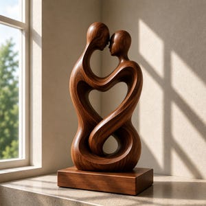 Può includere: Scultura in legno di due figure intrecciate, con le teste che si toccano, formando un cuore. La scultura è in legno marrone scuro e poggia su una base rettangolare. L'opera d'arte è esposta vicino a una finestra.