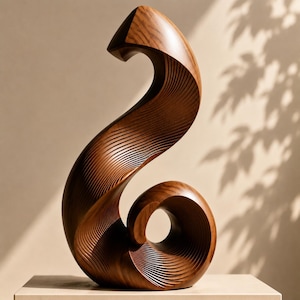 Può includere: Una scultura in legno marrone scuro dalla superficie liscia, caratterizzata da una forma fluida a S con un centro cavo. La superficie presenta intricate scanalature parallele intagliate che seguono la curvatura del legno, creando un effetto testurizzato.