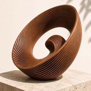 Può includere: Una scultura in legno marrone con un design a spirale. La scultura è composta da linee curve e parallele che creano una forma ovale con una spirale più piccola e interna. Poggia su una base di pietra.