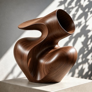 Puede incluir: Una escultura de madera de color marrón oscuro con una forma orgánica abstracta, fluida y suave, que presenta una abertura hueca prominente en la parte superior. La superficie muestra un patrón de veta de madera visible con líneas curvas.
