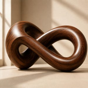 May include: A dark brown wooden sculpture shaped like a continuous infinity loop. The object features a smooth, polished surface with visible wood grain patterns, forming a complex, three-dimensional twisted form with two open circular centers.