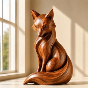 May include: A polished wooden sculpture of a fox in a seated position. The figure features smooth, flowing lines and a rich, warm brown wood grain pattern throughout its body, with pointed ears and a long, curved tail wrapped around its base.