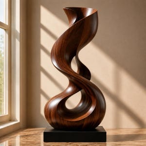 Può includere: Una scultura alta in legno marrone scuro caratterizzata da una forma fluida, attorcigliata e a spirale con una finitura a grana liscia e lucida. L'oggetto si erge verticalmente su una solida base nera rettangolare, creando una forma astratta continua.