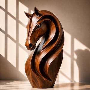 Abstract Wooden Horse Head Sculpture | Walnut Wood Horse Statue | Modern Minimalist Equestrian Decor | Luxury Living Room & Office Art