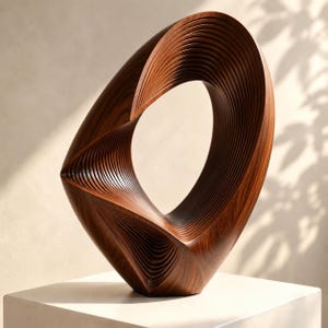 Può includere: Una scultura in legno marrone scuro caratterizzata da una forma complessa, fluida e organica con un centro cavo. La superficie è composta da numerose sottili lamelle parallele sovrapposte che creano una trama a coste sulla forma.