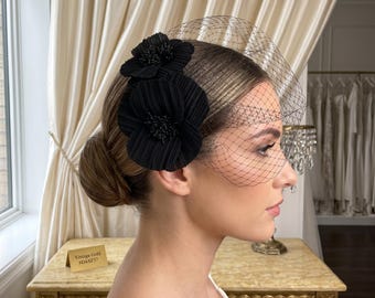 Black Pleated Chiffon Flower Fascinator with Birdcage Veil, French Vintage Hair Accessory for Wedding Cocktail Derby Funeral