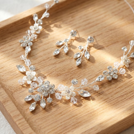 Bridal Crystal Floral Necklace Earring Set, Silver Wedding Jewelry Set, Bridesmaid Prom Formal Dazzling Rhinestone Jewelry