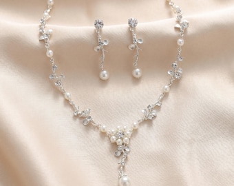 Floral Pearl Rhinestone Jewelry Set, Bridal Y Necklace and Dangle Earrings, Silver Wedding Jewelry Set for Bride Bridesmaid