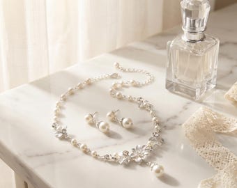 Luxury Pearl Bridal Jewelry Set, Silver Floral Necklace and Stud Earrings, Crystal Wedding Jewelry, French Style Bride Set ANE-771