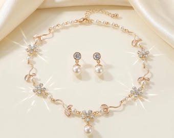Floral Perle Schmuck-Set Gold Braut Halskette Ohrringe Set, CZ Hochzeit Schmuck, Brautjungfer Geschenk