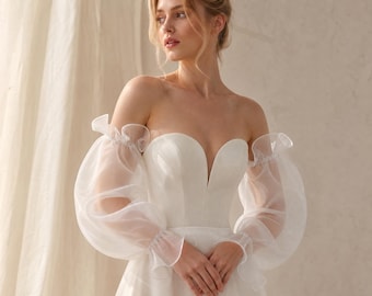 Detachable Bridal Puff Sleeves, Ivory Organza Wedding Sleeves, Off Shoulder Arm Sleeves, Romantic Dress Add On for Bride