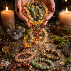 May include: The image showcases a collection of colorful gemstone bracelets, with the text "Prosperity Collection" at the top. The bracelets are in shades of yellow, green, orange, and brown. The image also includes lit candles and the text "Cauldron of Crystals".