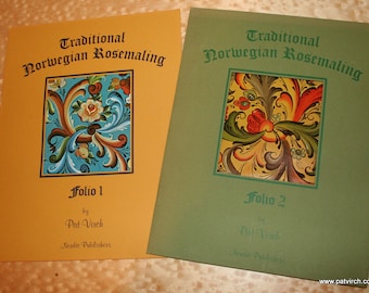 May include: Two book covers with a yellow and green background. The covers feature traditional Norwegian rosemaling designs and the text "Traditional Norwegian Rosemaling". The first book is titled "Folio 1" and the second book is titled "Folio 2".