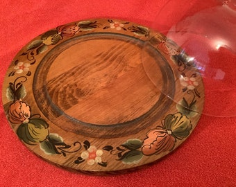 Norwegian Rosemaling -- Glass Domed Wooden Cheese Plate -- Hand Painted by Pat Virch