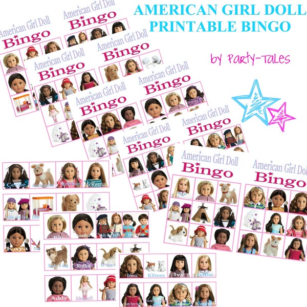 INSTANT DOWNLOAD American girl Doll Printable birthday party BINGO Game for 12 and Call out Cards