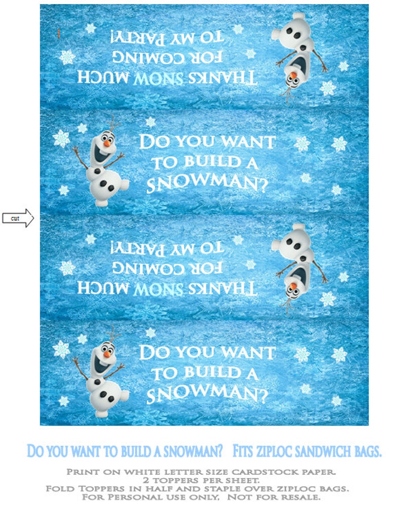 FROZEN Do you want to build a Snowman Olaf treat bags printable topper ziploc bags thank you for coming to my party image 2