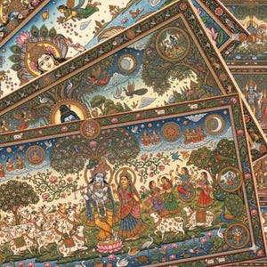 May include: A multi-layered print featuring intricate illustrations of Hindu deities Krishna and Radha surrounded by cows, lush trees, blooming lotus flowers, birds, and celestial bodies like the sun and moon in a vibrant, detailed artistic style.