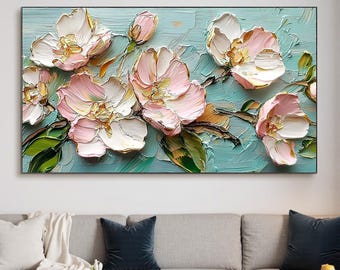Large Original 3D Pink Flower Painting, Abstract Textured Impasto Cherry Blossom Canvas Art, Modern Botanical Wall Art, Living Room Decor