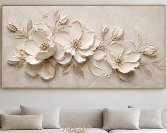 Original Ivory Magnolia Oil Painting, Cream Floral Blossom Wall Decor, Neutral Impasto Petal Canvas Art, Elegant Wedding Housewarming Gift