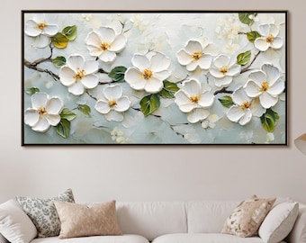 Abstract 3D White Flower Oil Painting, Textured Cherry Blossom Wall Art, Large Original Impasto Floral Canvas Art, Modern Bedroom Home Decor