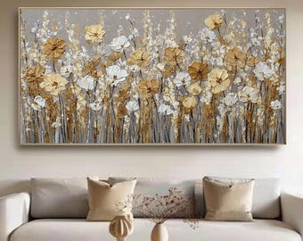 Abstract Elegant Gold Flower Oil Painting, Large Textured Wall Art, Original Impasto Floral Canvas Art, Custom Modern Living Room Home Decor