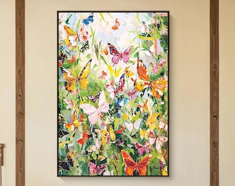 Colorful Butterfly Meadow Oil Painting, Bright Floral Garden Canvas Art, Vibrant Spring Insects Wall Art, Whimsical Summer Nature Home Decor