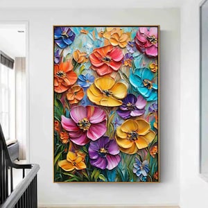 Original Colorful 3D Flower Painting, Textured Impasto Floral Art, Palette Knife Wildflower Meadow, Large Abstract Botanical Wall Art Decor